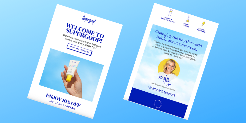 screenshot of Supergoop!'s welcome email on a blue background